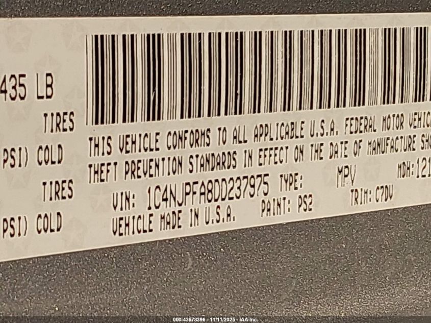 2013 JEEP PATRIOT LATITUDE 1C4NJPFA8DD237975