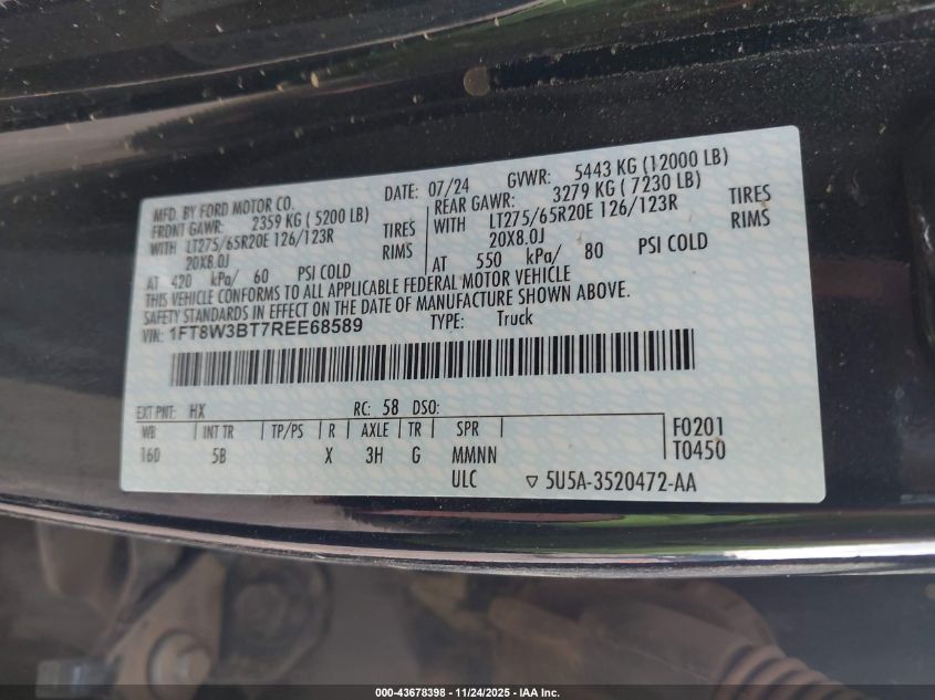 2024 Ford F-350 Lariat VIN: 1FT8W3BT7REE68589 Lot: 43678398