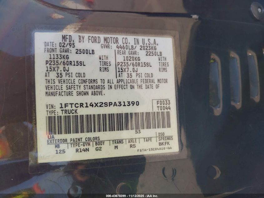 1995 Ford Ranger Super Cab VIN: 1FTCR14X2SPA31390 Lot: 43678399
