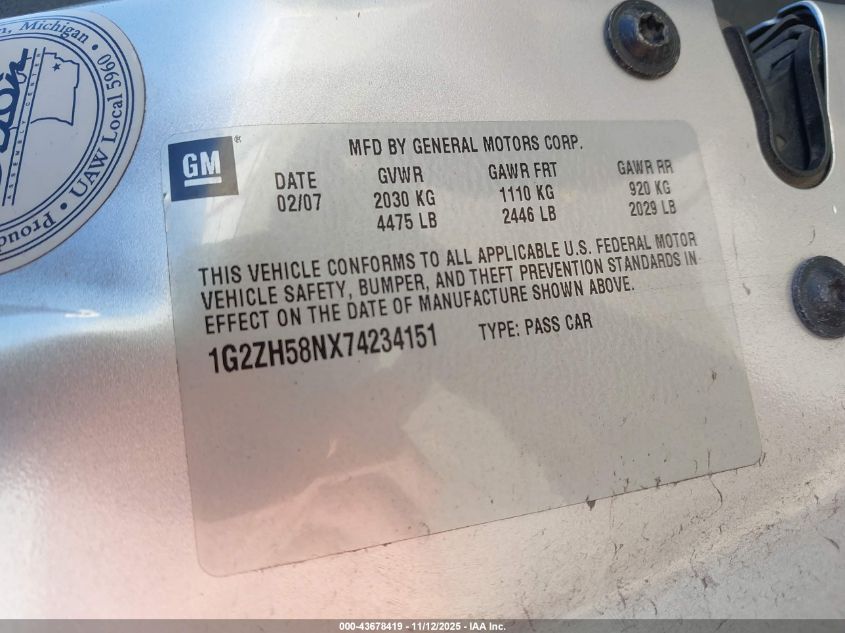 2007 Pontiac G6 Gt VIN: 1G2ZH58NX74234151 Lot: 43678419