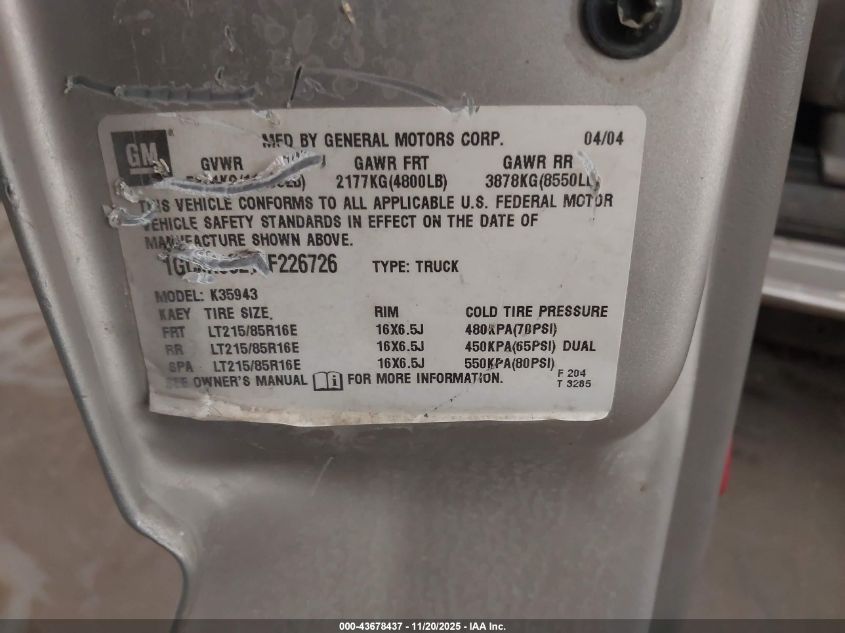 2004 Chevrolet Silverado 3500 Work Truck VIN: 1GCJK33214F226726 Lot: 43678437