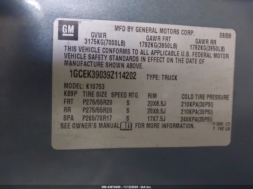 2009 Chevrolet Silverado 1500 Ltz VIN: 1GCEK39039Z114202 Lot: 43678450