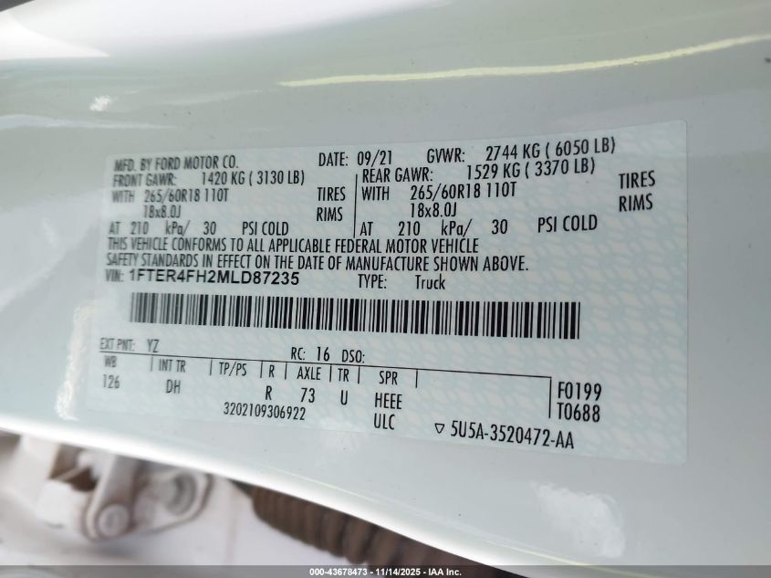 2021 Ford Ranger Lariat VIN: 1FTER4FH2MLD87235 Lot: 43678473