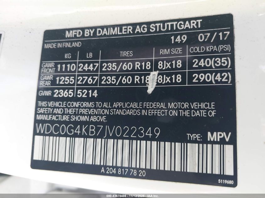 2018 Mercedes-Benz Glc 300 4Matic VIN: WDC0G4KB7JV022349 Lot: 43678486