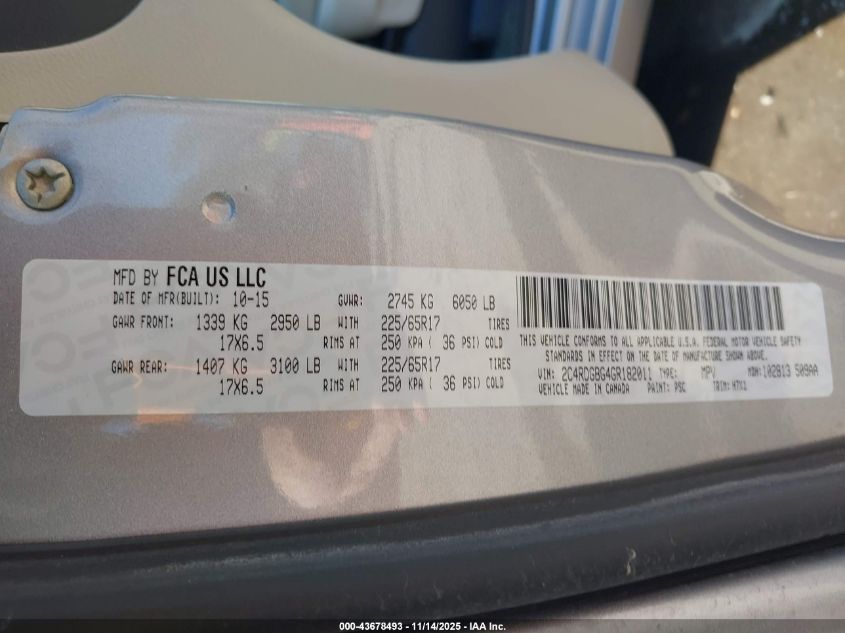 2016 Dodge Grand Caravan Se VIN: 2C4RDGBG4GR182011 Lot: 43678493