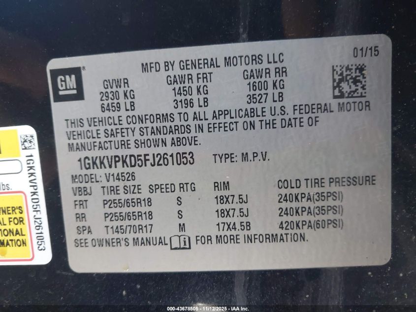 2015 GMC Acadia Sle-2 VIN: 1GKKVPKD5FJ261053 Lot: 43678505