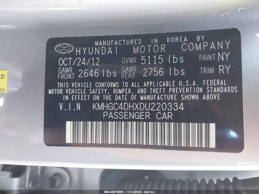 2013 Hyundai Genesis 5.0 R-Spec VIN: KMHGC4DHXDU220334 Lot: 43678509