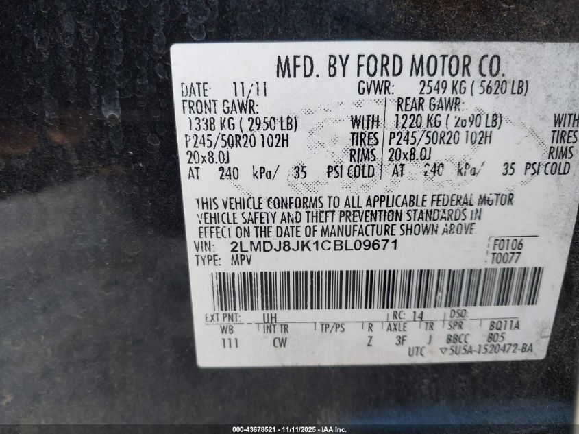 2012 Lincoln Mkx VIN: 2LMDJ8JK1CBL09671 Lot: 43678521