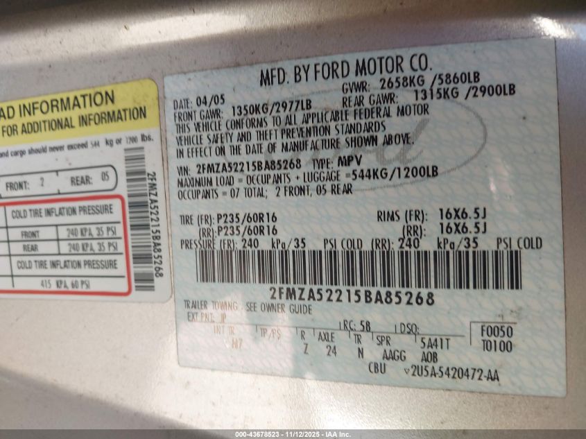 2005 Ford Freestar Sel VIN: 2FMZA52215BA85268 Lot: 43678523