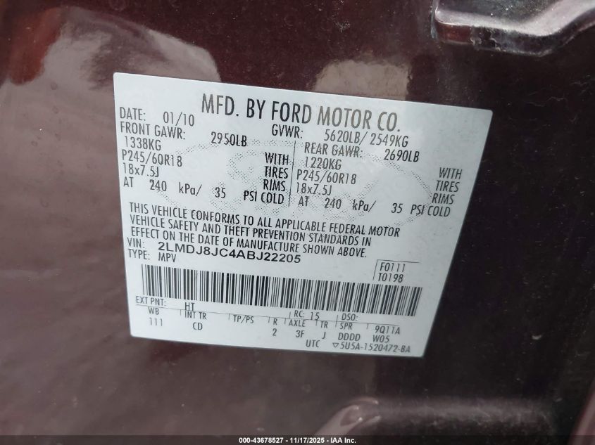 2010 Lincoln Mkx VIN: 2LMDJ8JC4ABJ22205 Lot: 43678527