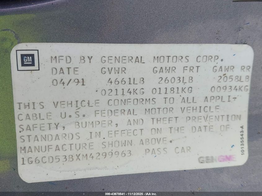 1G6CD53BXM4299963 1991 CADILLAC DE VILLE photo no. 9