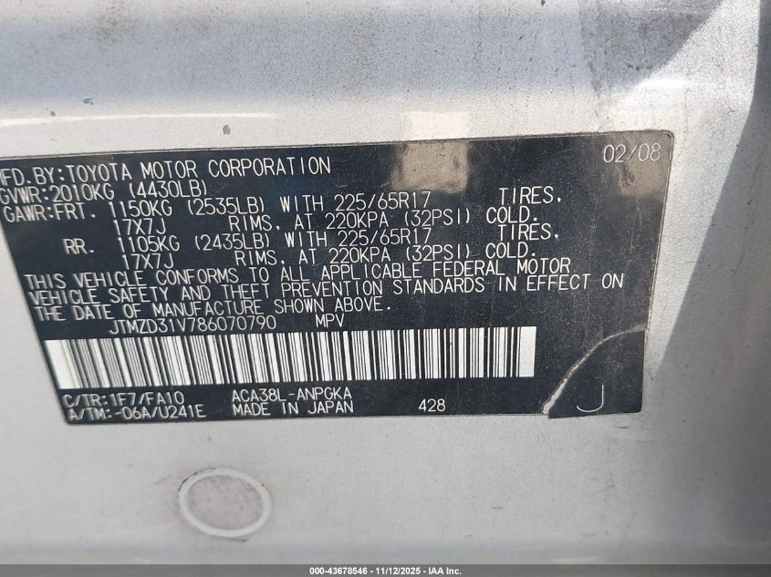 2008 Toyota Rav4 Limited VIN: JTMZD31V786070790 Lot: 43678546