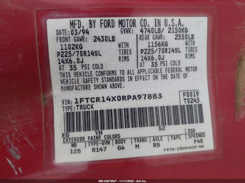 1994 Ford Ranger Super Cab VIN: 1FTCR14X0RPA97883 Lot: 43678547