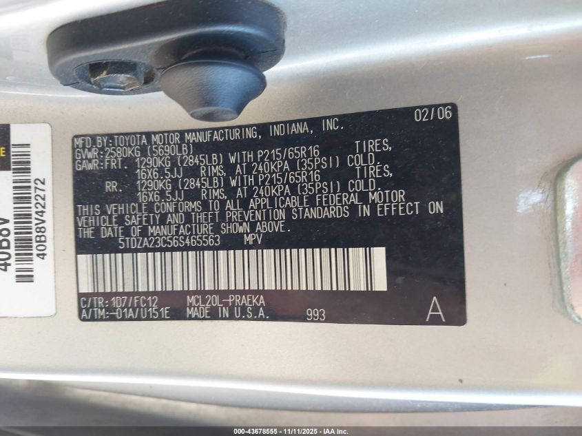 2006 Toyota Sienna Le VIN: 5TDZA23C56S465563 Lot: 43678555