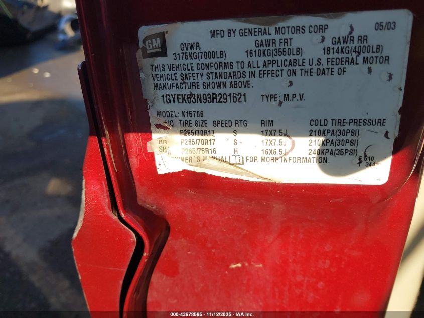 2003 Cadillac Escalade Standard VIN: 1GYEK63N93R291621 Lot: 43678565