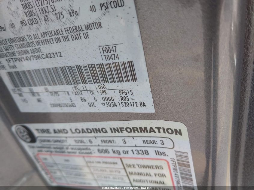 2009 Ford F-150 Fx4/King Ranch/Lariat/Platinum/Xl/Xlt VIN: 1FTPW14V79KC42312 Lot: 43678566