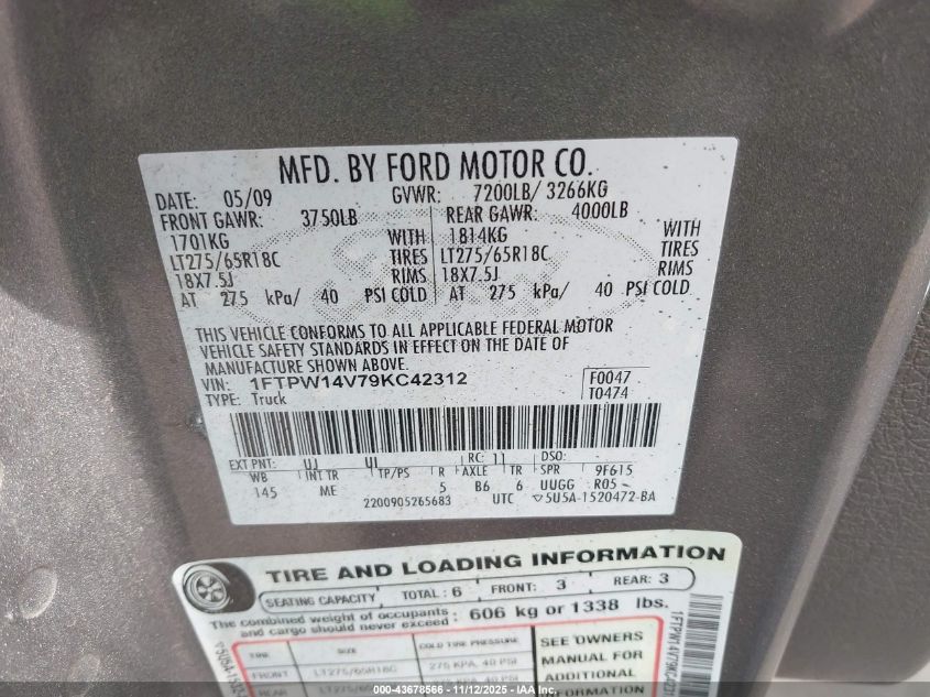 2009 Ford F-150 Fx4/King Ranch/Lariat/Platinum/Xl/Xlt VIN: 1FTPW14V79KC42312 Lot: 43678566