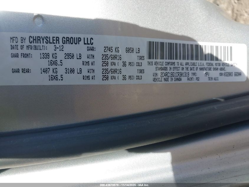 2012 Chrysler Town & Country Touring VIN: 2C4RC1BG1CR301319 Lot: 43678576