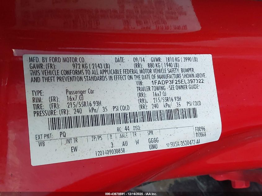 2014 Ford Focus Se VIN: 1FADP3F25EL397322 Lot: 43678591