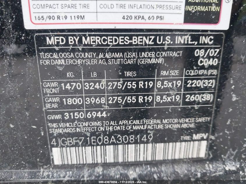 2008 Mercedes-Benz Gl 450 4Matic VIN: 4JGBF71E08A308149 Lot: 43678594