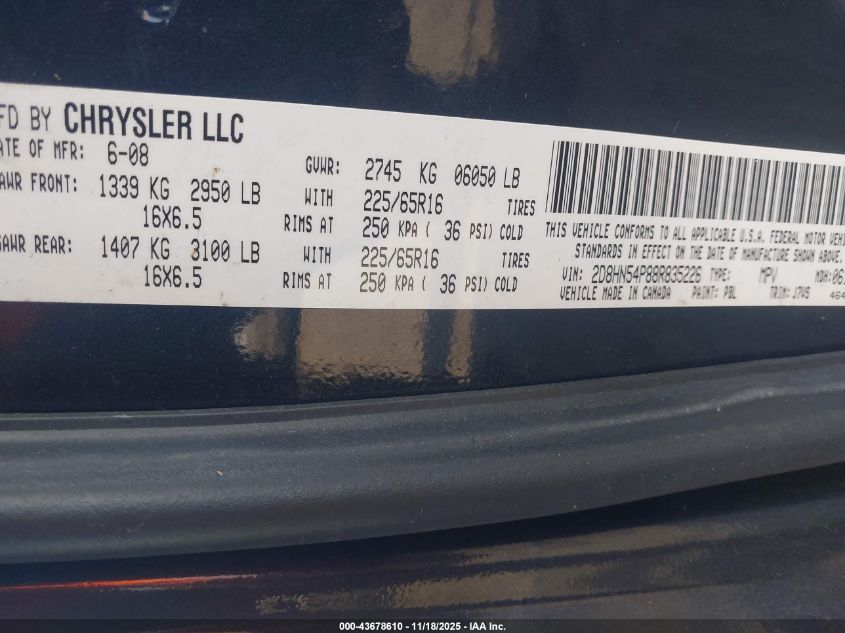 2008 Dodge Grand Caravan Sxt VIN: 2D8HN54P88R835226 Lot: 43678610