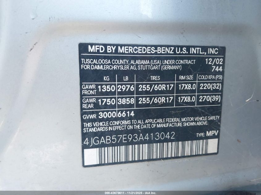 2003 Mercedes-Benz Ml 350 VIN: 4JGAB57E93A413042 Lot: 43678611