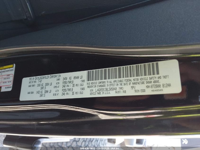 2008 Jeep Wrangler Unlimited Sahara VIN: 1J4GA59138L505040 Lot: 43678613