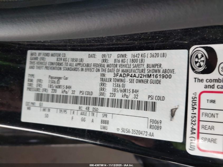 2017 Ford Fiesta S VIN: 3FADP4AJ2HM161900 Lot: 43678614