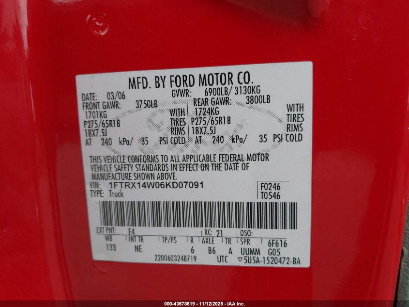 2006 Ford F-150 Stx/Xl/Xlt VIN: 1FTRX14W06KD07091 Lot: 43678619