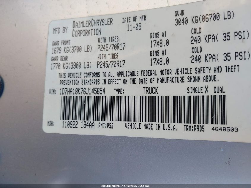 2006 Dodge Ram 1500 St VIN: 1D7HA18K76J145654 Lot: 43678626