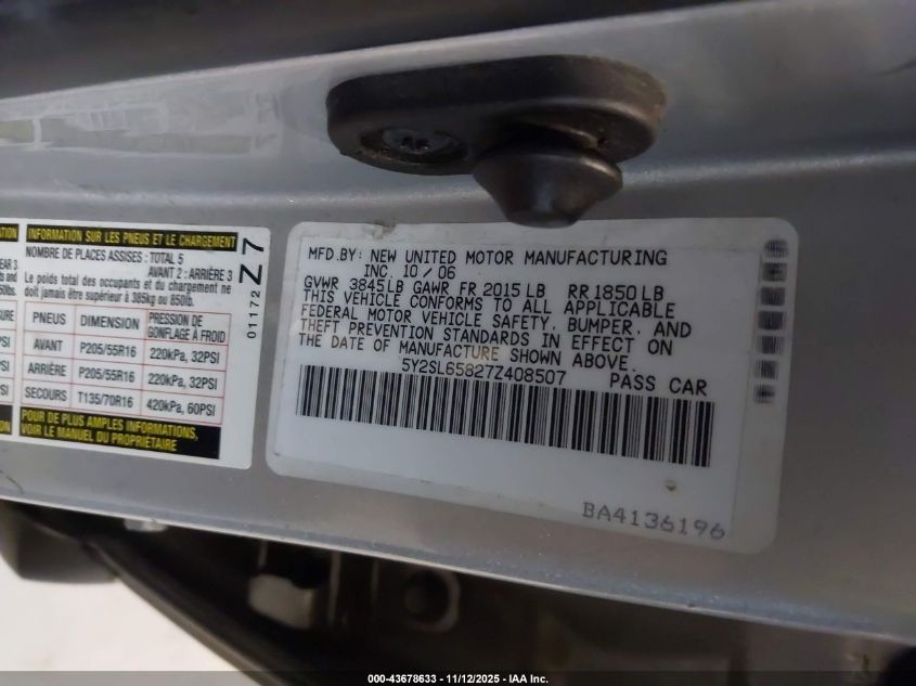 2007 Pontiac Vibe VIN: 5Y2SL65827Z408507 Lot: 43678633