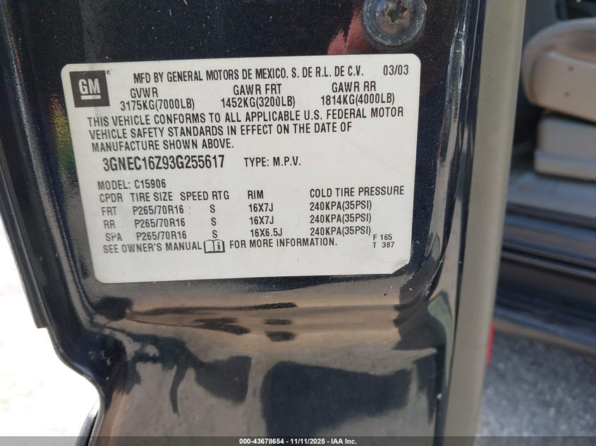 2003 Chevrolet Suburban 1500 Ls VIN: 3GNEC16Z93G255617 Lot: 43678654