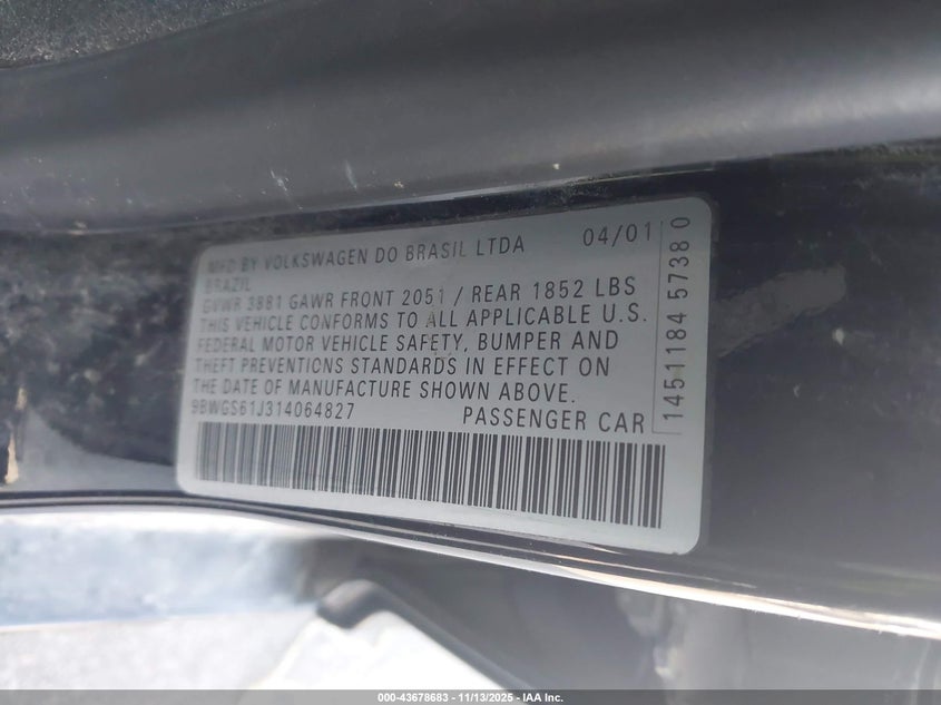 2001 Volkswagen Golf Gls VIN: 9BWGS61J314064827 Lot: 43678683