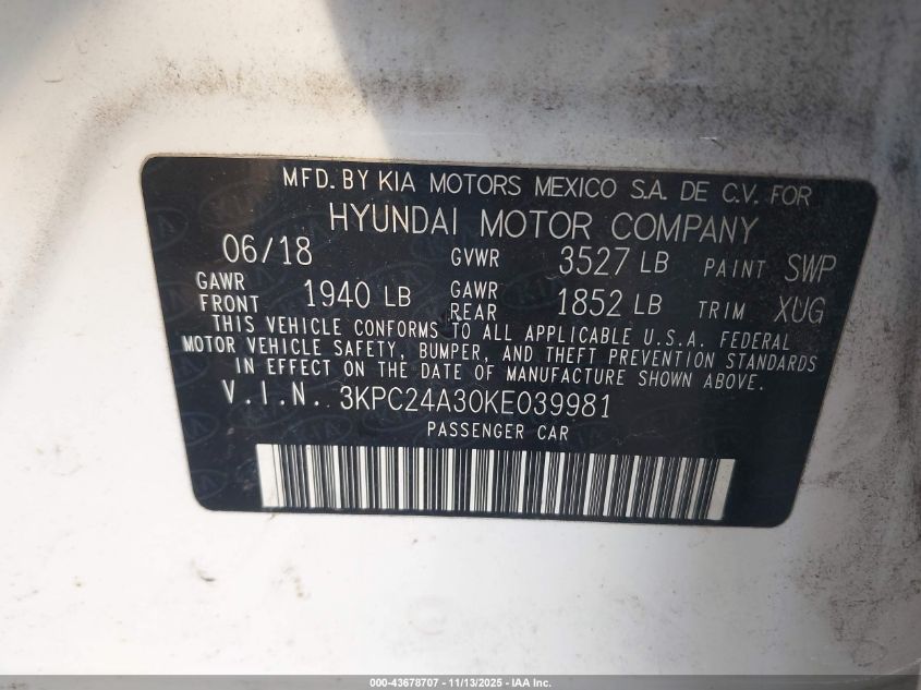 2019 Hyundai Accent Se VIN: 3KPC24A30KE039981 Lot: 43678707