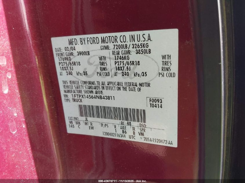 2004 Ford F150 VIN: 1FTPX14564NB43811 Lot: 43678711
