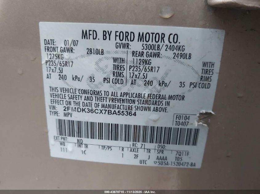 2007 Ford Edge Se VIN: 2FMDK36CX7BA55364 Lot: 43678715