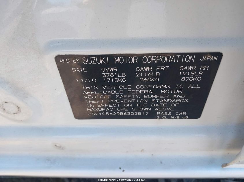 2011 Suzuki Sx4 Le/Le Anniversary Edition VIN: JS2YC5A29B6303517 Lot: 43678726