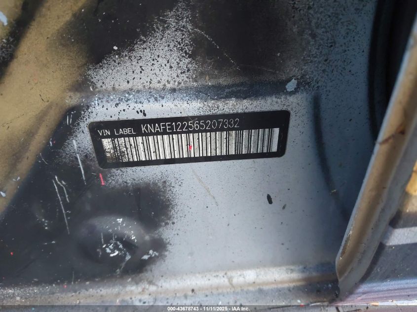 2006 Kia Spectra Ex/Lx/Sx VIN: KNAFE122565207332 Lot: 43678743
