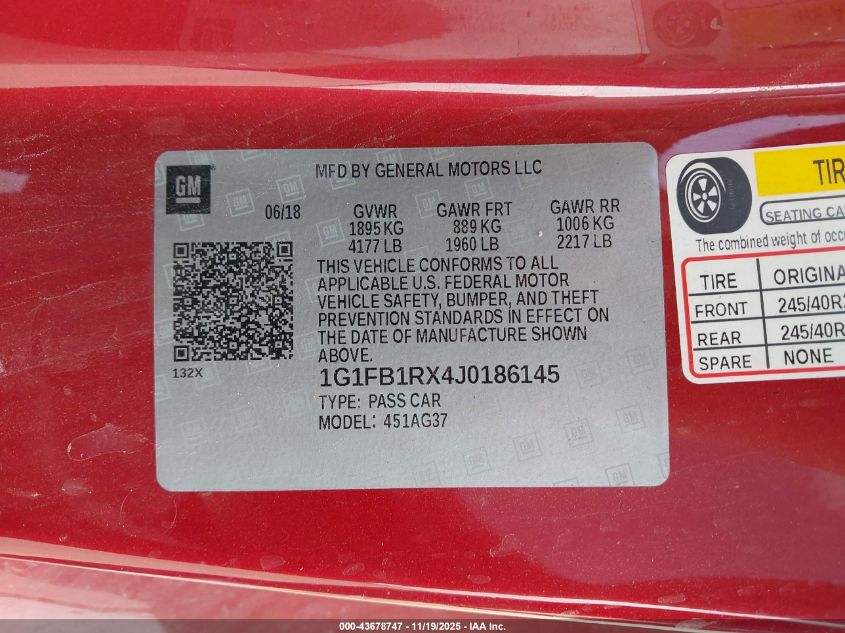 2018 Chevrolet Camaro 1Lt VIN: 1G1FB1RX4J0186145 Lot: 43678747