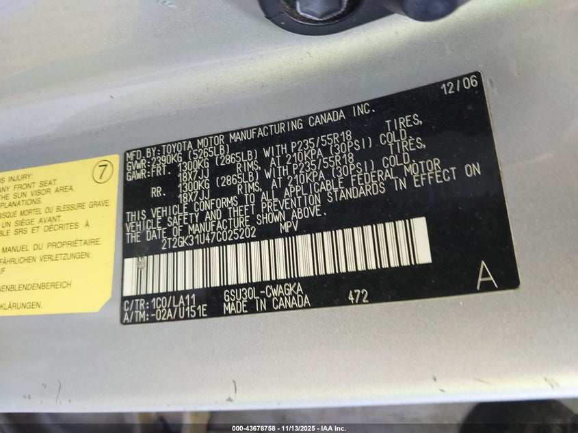 2007 Lexus Rx 350 VIN: 2T2GK31U47C025202 Lot: 43678758