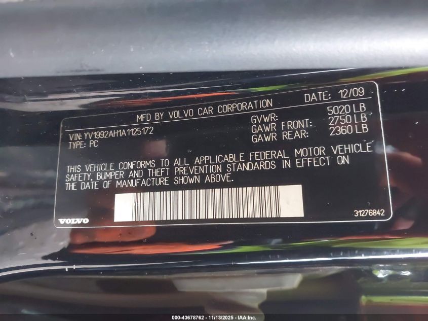 2010 Volvo S80 T6 VIN: YV1992AH1A1125172 Lot: 43678762