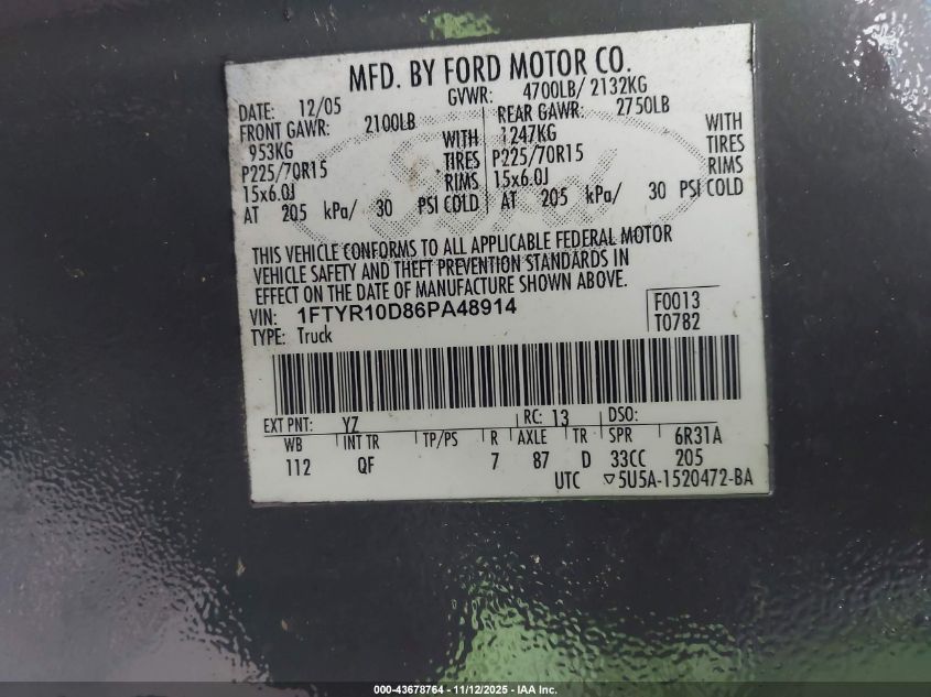 2006 Ford Ranger Xl/Xlt VIN: 1FTYR10D86PA48914 Lot: 43678764