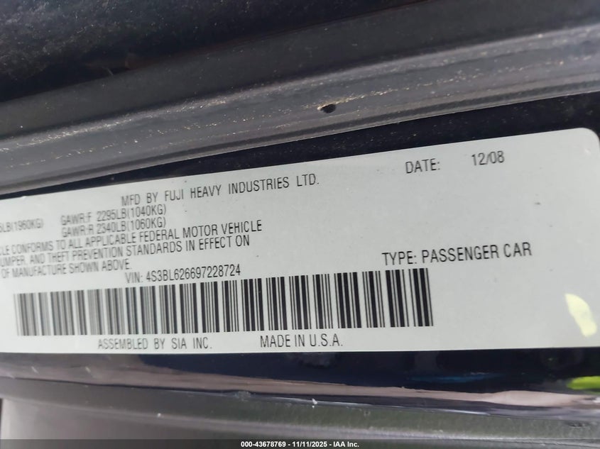 2009 Subaru Legacy 2.5I Limited VIN: 4S3BL626697228724 Lot: 43678769