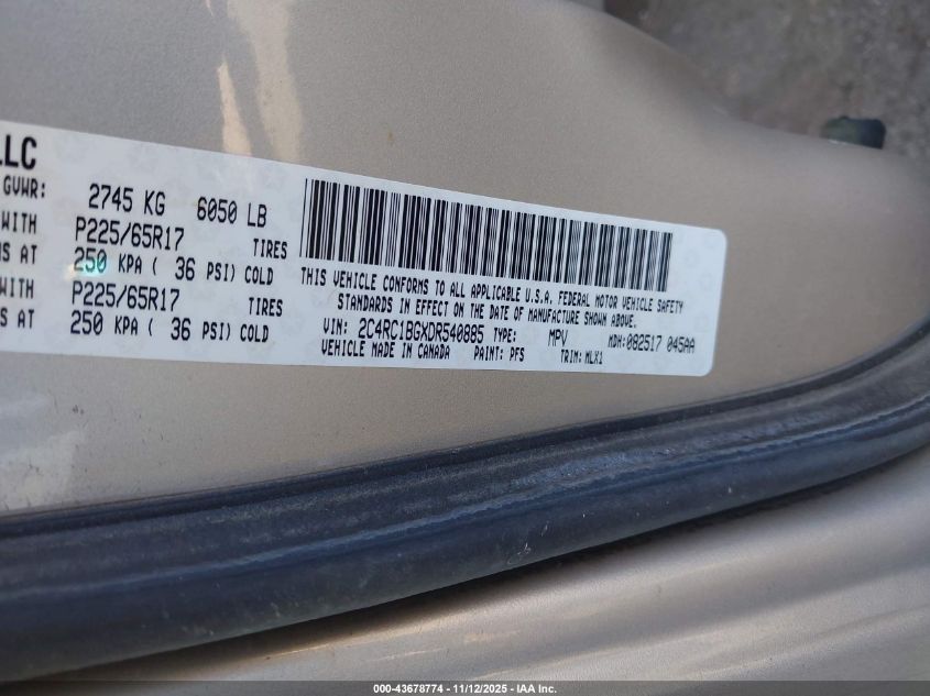 2013 Chrysler Town & Country Touring VIN: 2C4RC1BGXDR540885 Lot: 43678774