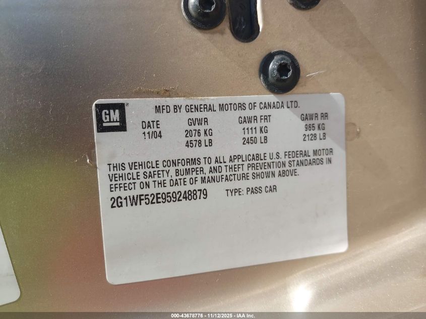 2005 Chevrolet Impala VIN: 2G1WF52E959248879 Lot: 43678776