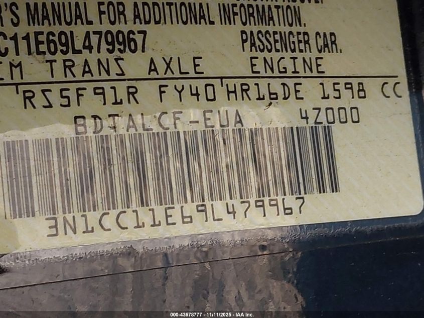 2009 Nissan Versa 1.6 VIN: 3N1CC11E69L479967 Lot: 43678777