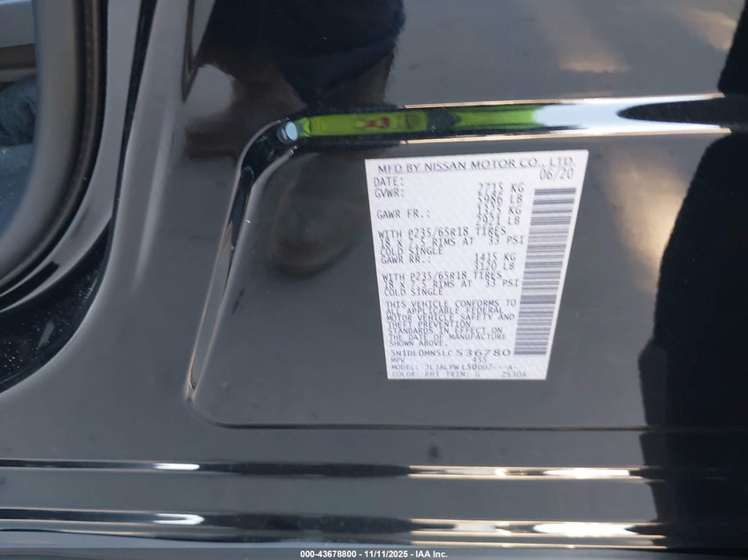 2020 Infiniti Qx60 Pure VIN: 5N1DL0MN5LC536780 Lot: 43678800