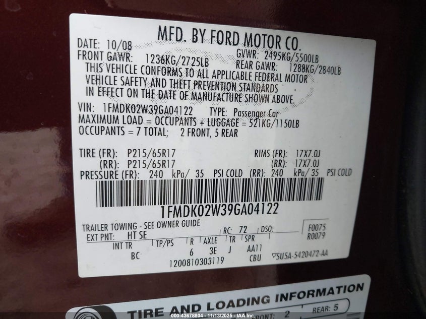 2009 Ford Taurus X Sel VIN: 1FMDK02W39GA04122 Lot: 43678804