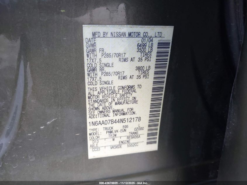 2004 Nissan Titan Le VIN: 1N6AA07B44N512178 Lot: 43678809