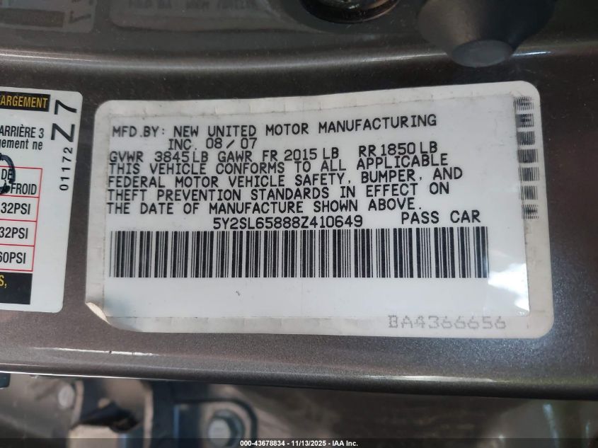 2008 Pontiac Vibe VIN: 5Y2SL65888Z410649 Lot: 43678834